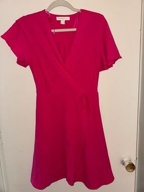 Bright Fuchsia Wrap Midi Dress with Flutter Sleeves